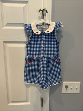 Blue Gingham Girls' Romper with White Collar